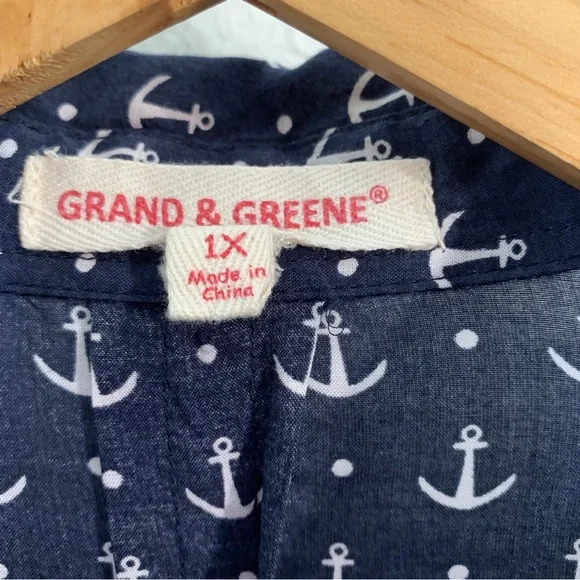 GRAND & GREENE Navy Long Sleeve Anchor Print Blouse Sz 1X - Picture 8 of 9